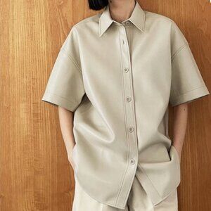 Babaton Frances Button Up Short Sleeve Vegan Leather Shacket Beige Small
